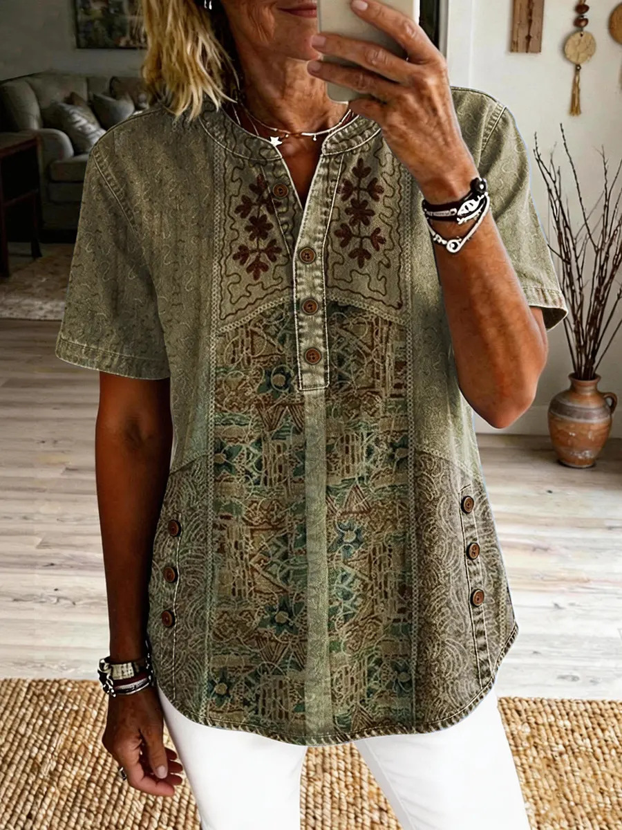 Bohemian Vintage Floral Art Print Casual Round Neck Top